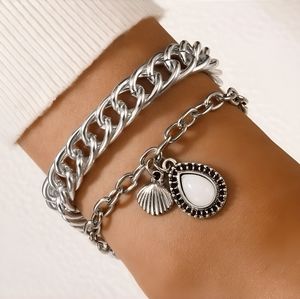 2 piece Silver Chunky Chain Sea Shell Charm Bracelet